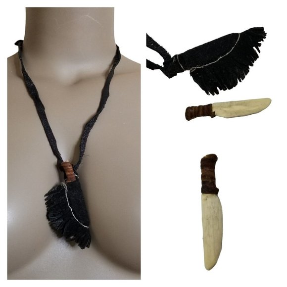 Jewelry - Artisan Crafted Suede Necklace Carved Bone Knife & Sheath Womens Black Fringe